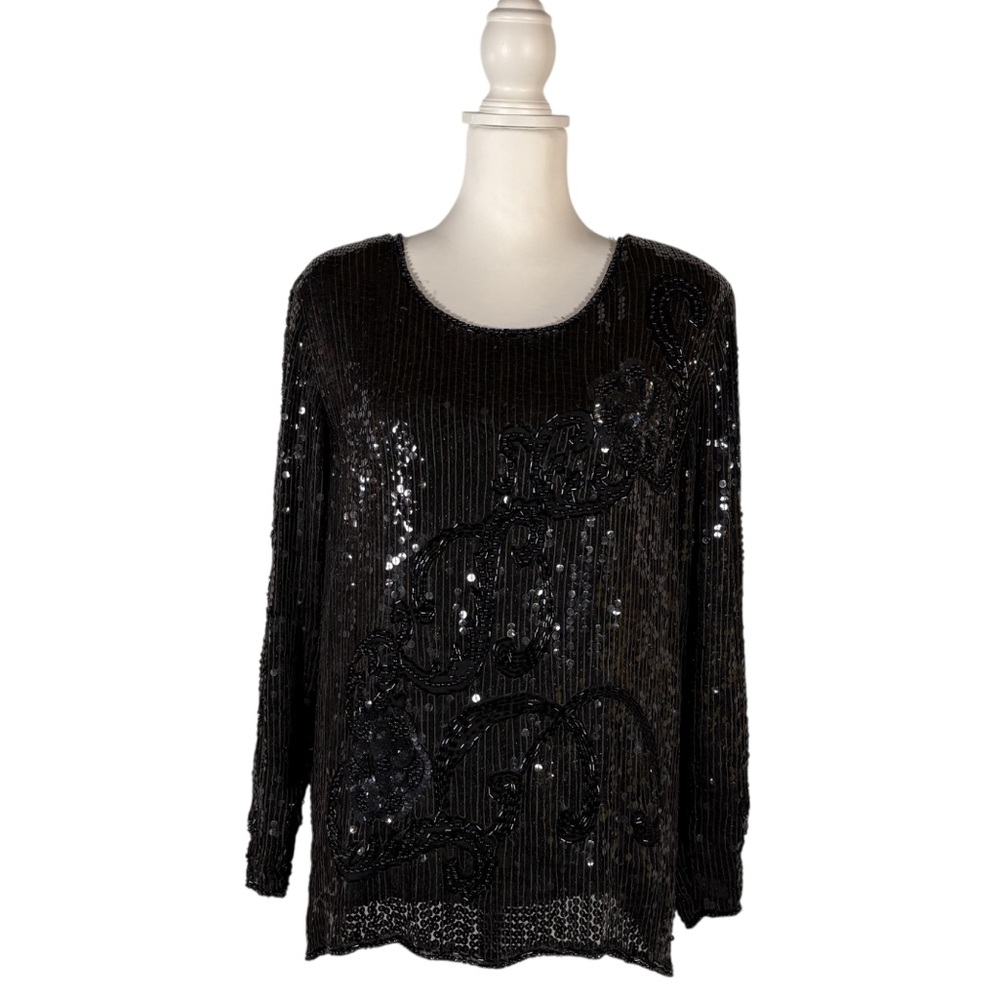 Vintage Black Sequin Top Women's L Beaded Long Sleeve Glam Chic